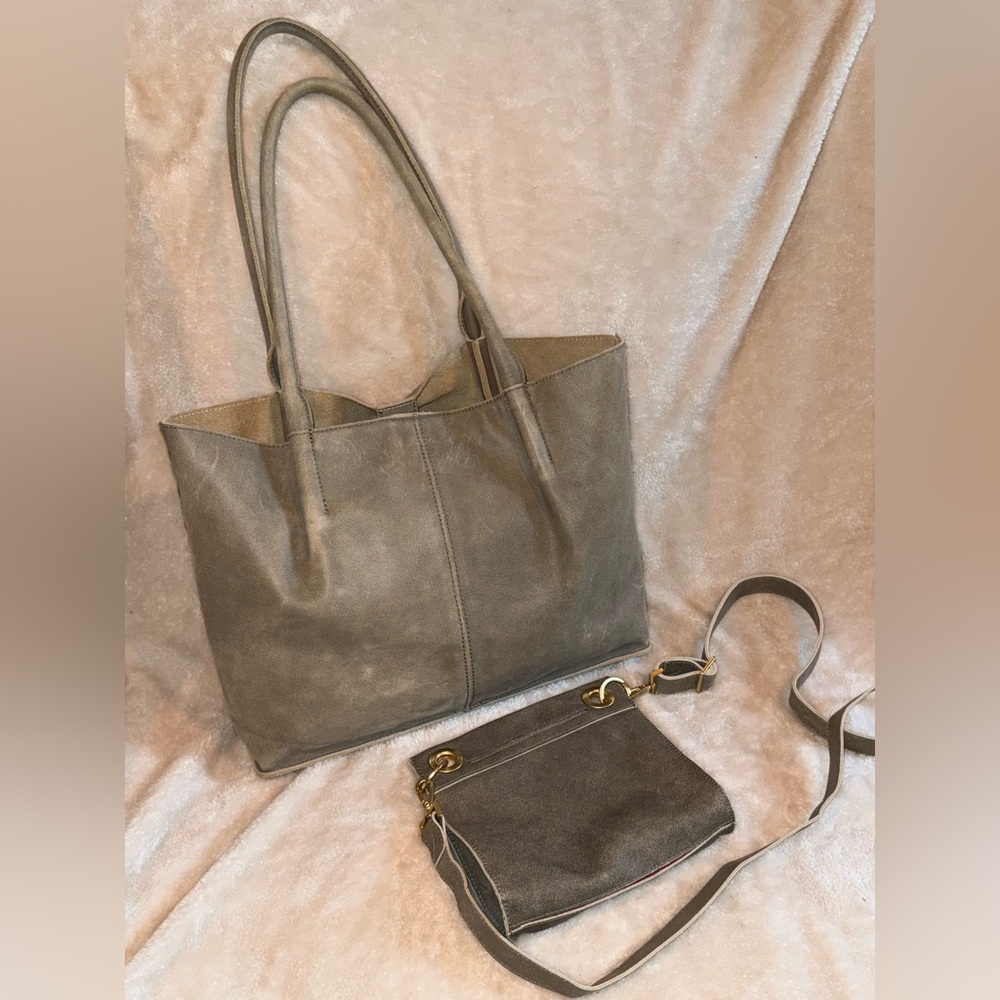 !HAMMITT Bundle! Oliver Leather Taupe Pewter Tote & Tony Small Pewter Crossbody - Picture 2 of 16